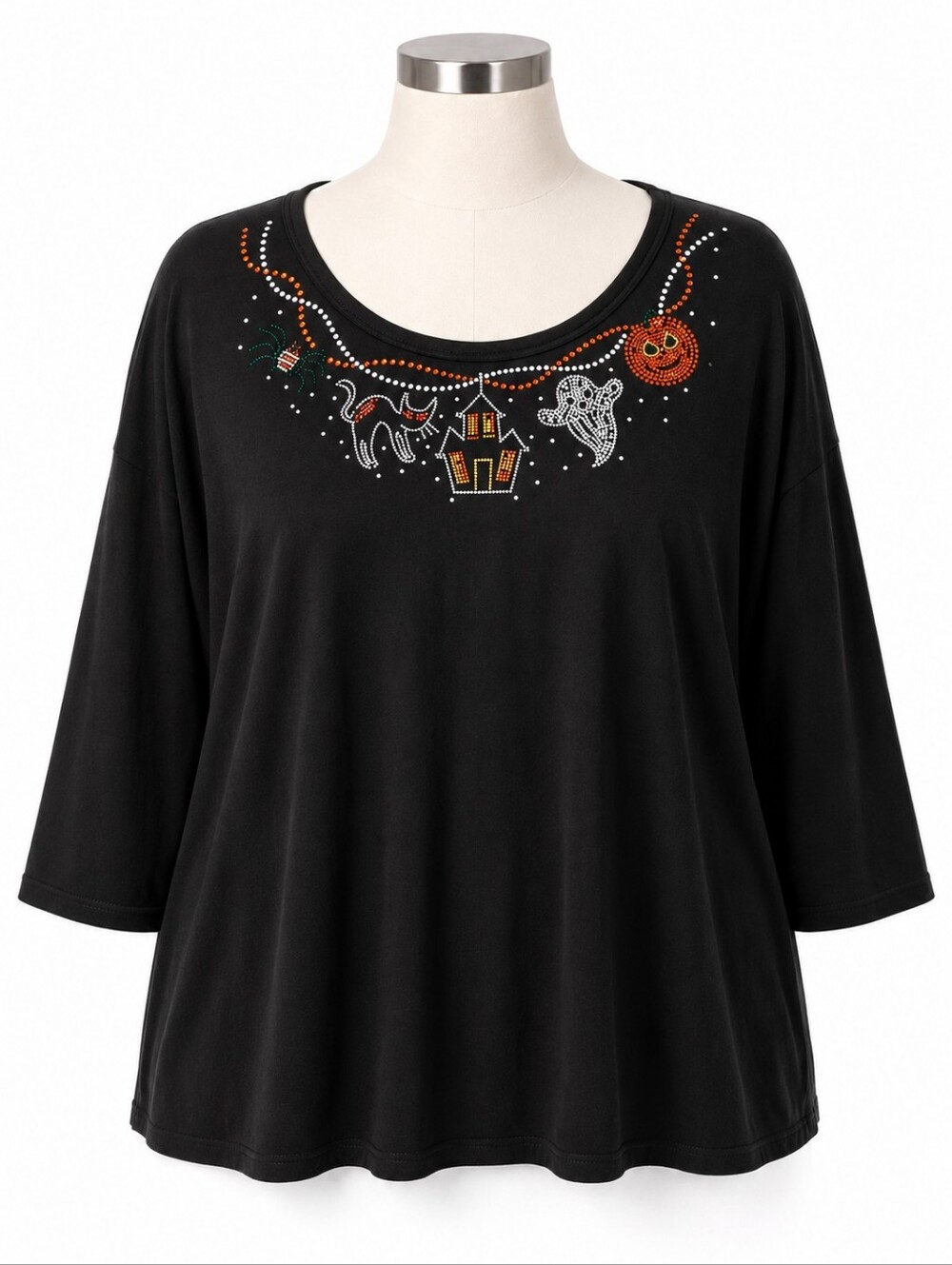 Get Lucky Women's Black Halloween Theme Rhinestone Embellished Casual Shirt 3XL
